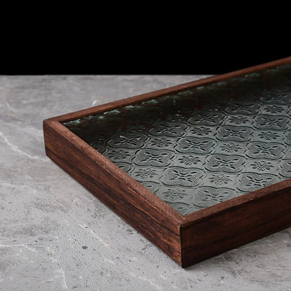 Japan-Style Wood & Embossed Glass Serving Tray