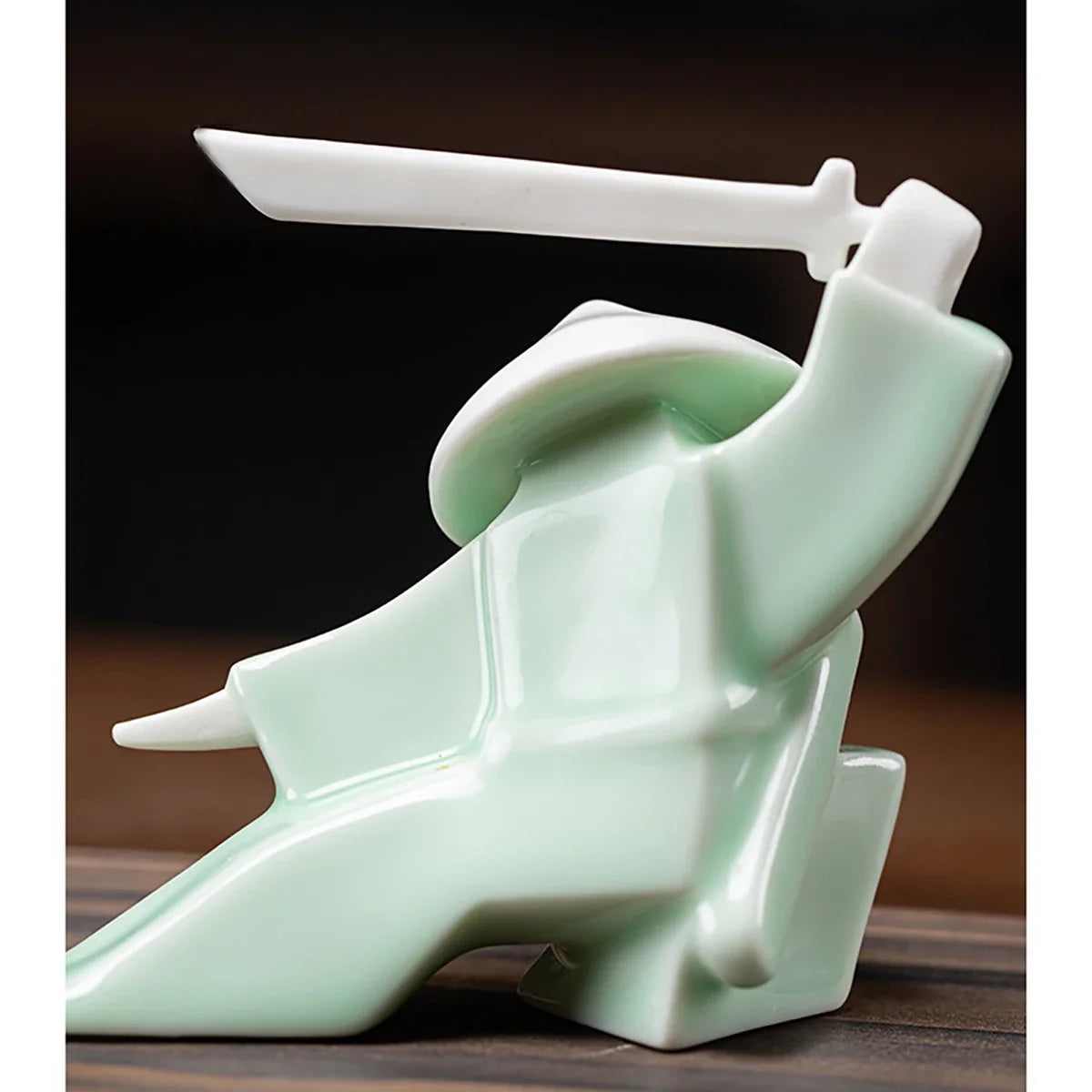 Ceramic Samurai Figurine - Geometric Oriental Desk Decor