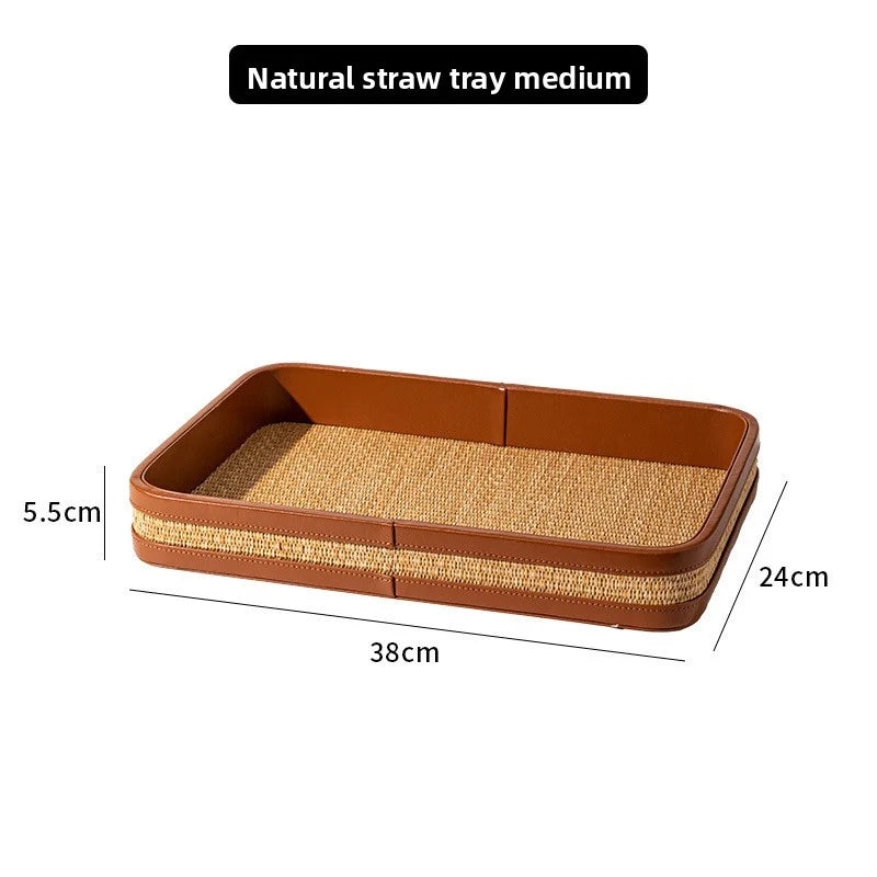 Luxury Natural Straw & Leather Tissue Box Multifunctional Storage Set