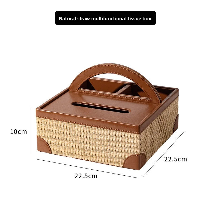 Luxury Natural Straw & Leather Tissue Box Multifunctional Storage Set