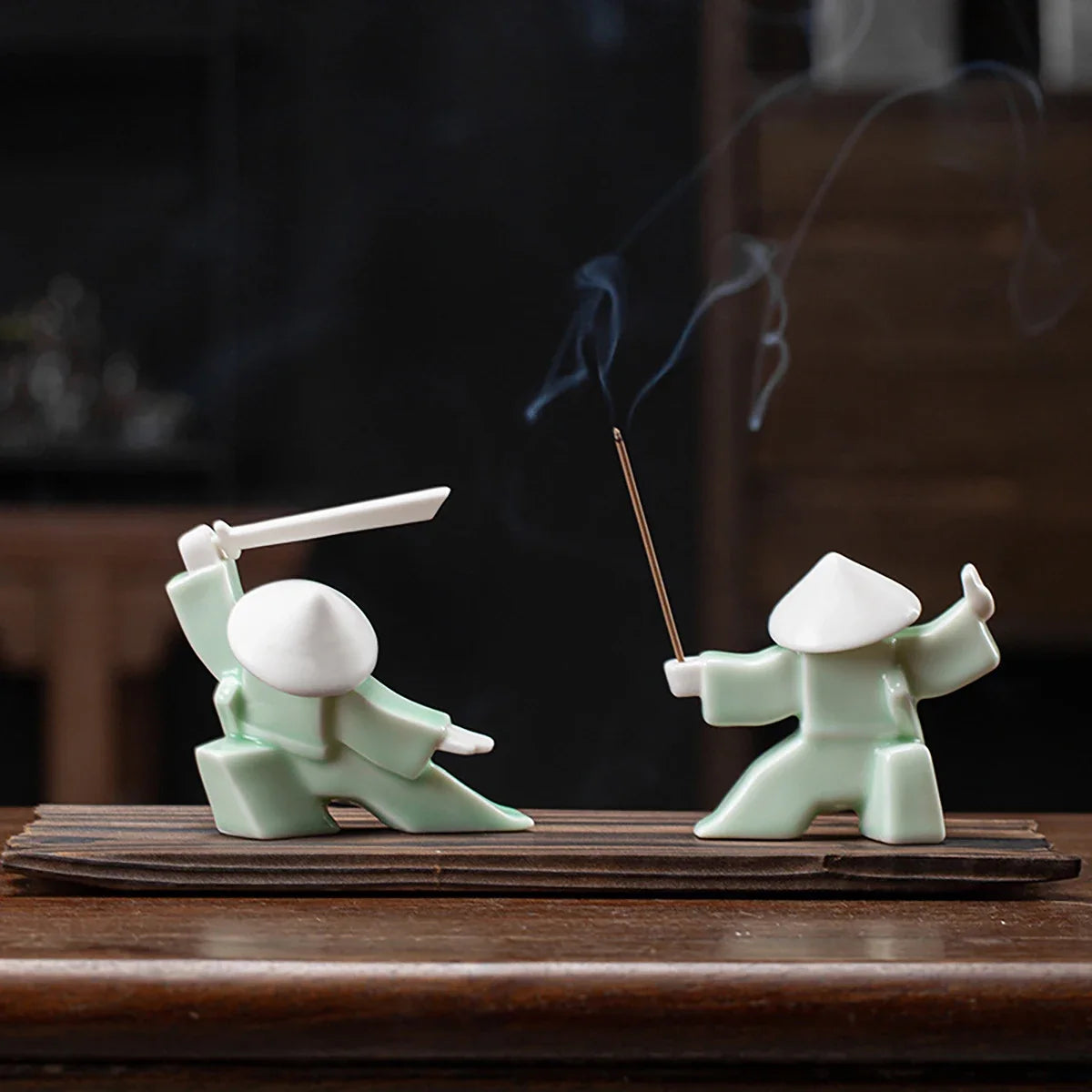 Ceramic Samurai Figurine - Geometric Oriental Desk Decor