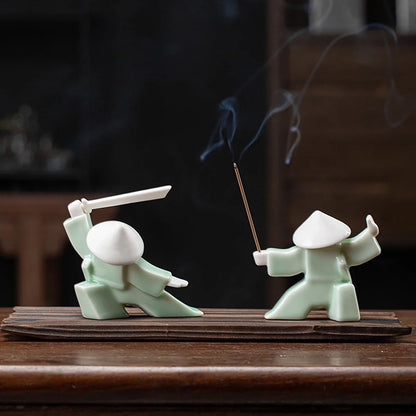 Ceramic Samurai Figurine - Geometric Oriental Desk Decor
