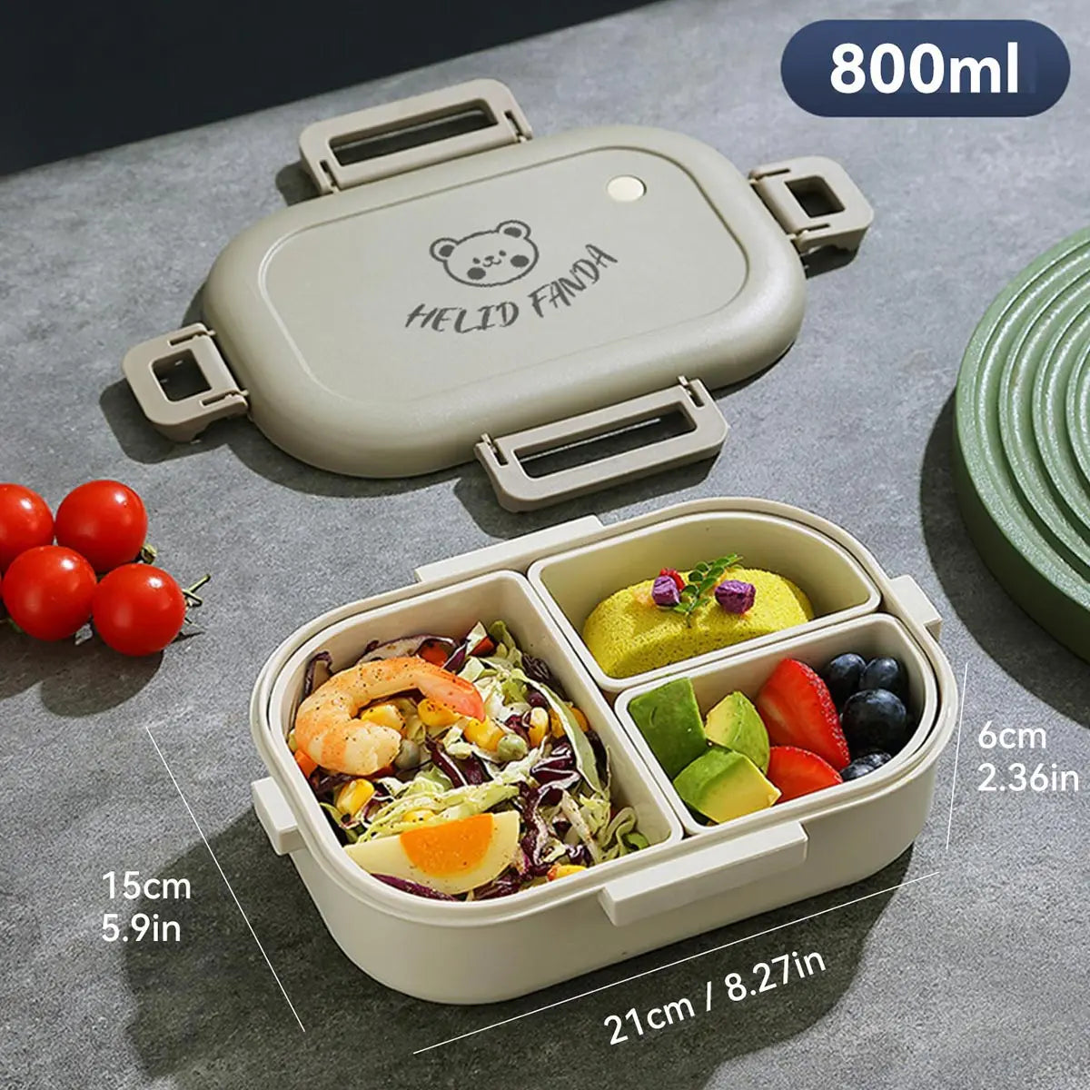Bento Lunch Box 800ml Leak Proof - Portable Food Container with 3 Removable Compartments for Kids, School, Work, Travel