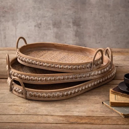 Vintage Oval Rattan Wooden Serving Tray with Handles