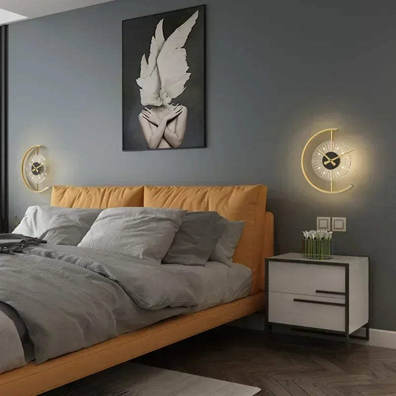 Wall Lamp and Clock Combined - Post Modern Golden Crescent LED Sconce with Clock for Bedroom, Living Room, Hallway Decor