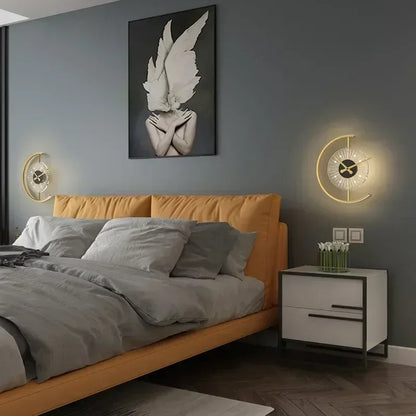 Wall Lamp and Clock Combined - Post Modern Golden Crescent LED Sconce with Clock for Bedroom, Living Room, Hallway Decor