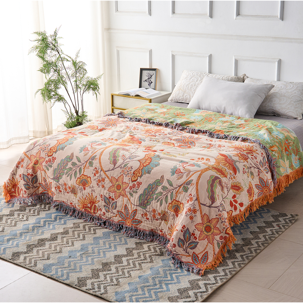 Blanket Throw Fringe Floral Boho Blanket