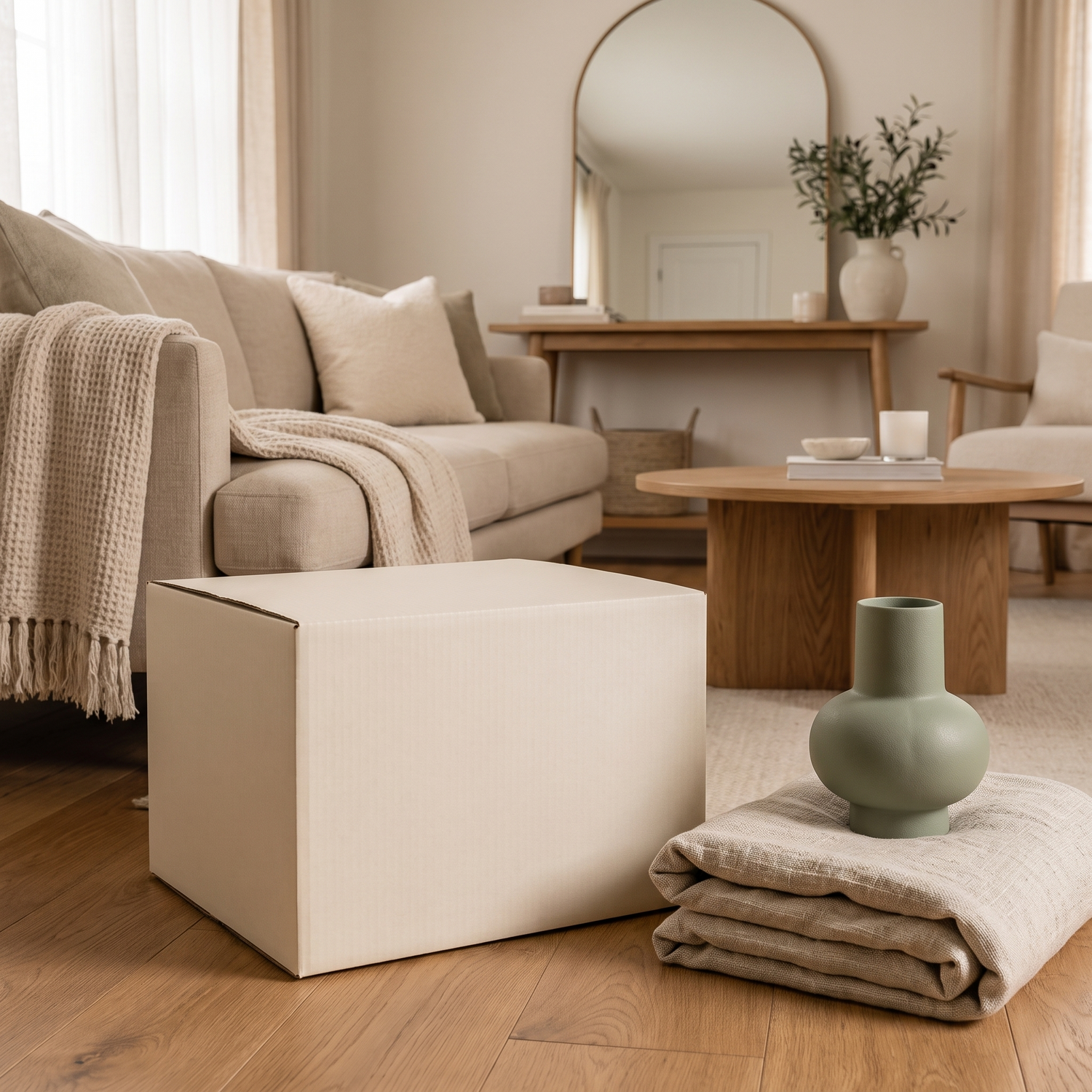 Plain shipping box in a neutral living room