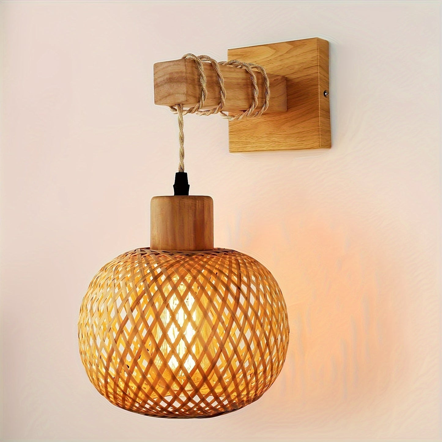 Wood and Rattan Wall Sconce - Handwoven Rustic Wall Light for Bedroom, Hallway, Dining Room, Coastal, Boho, Scandi Decor