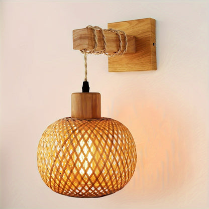 Wood and Rattan Wall Sconce - Handwoven Rustic Wall Light for Bedroom, Hallway, Dining Room, Coastal, Boho, Scandi Decor