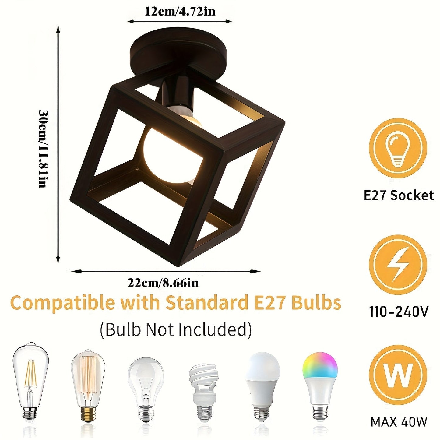 Geometric Cube Ceiling Light - Matte Black Open Frame Semi Flush Mount for Living Room, Bedroom, Hallway, Industrial Style