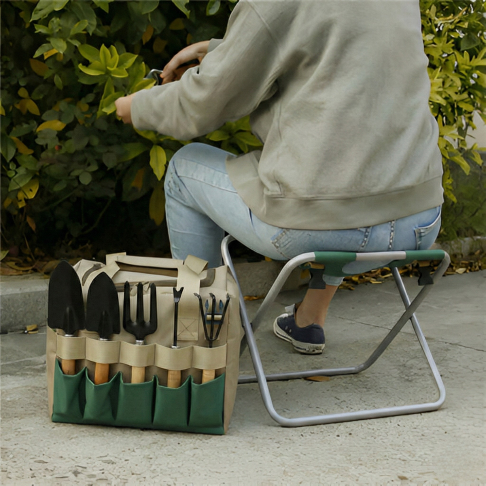 Garden Tool Set with Folding Stool - Portable Gardening Kit with 6 Tools and Seat for Planting, Weeding, Outdoor Garden Work