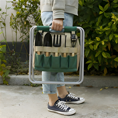 Garden Tool Set with Folding Stool - Portable Gardening Kit with 6 Tools and Seat for Planting, Weeding, Outdoor Garden Work