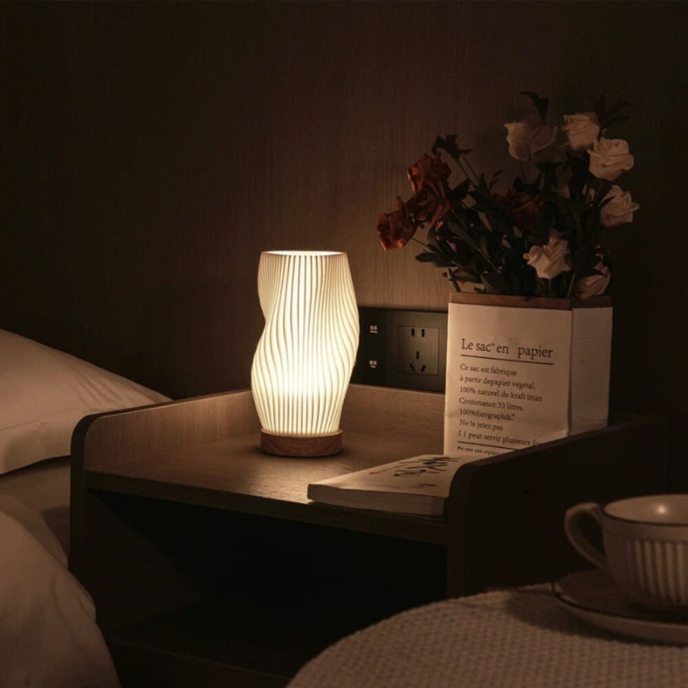 Wave Table Lamp USB Dimmable - Modern Wood Base LED Lamp with Warm and Natural White for Bedroom, Living Room, Office, Desk