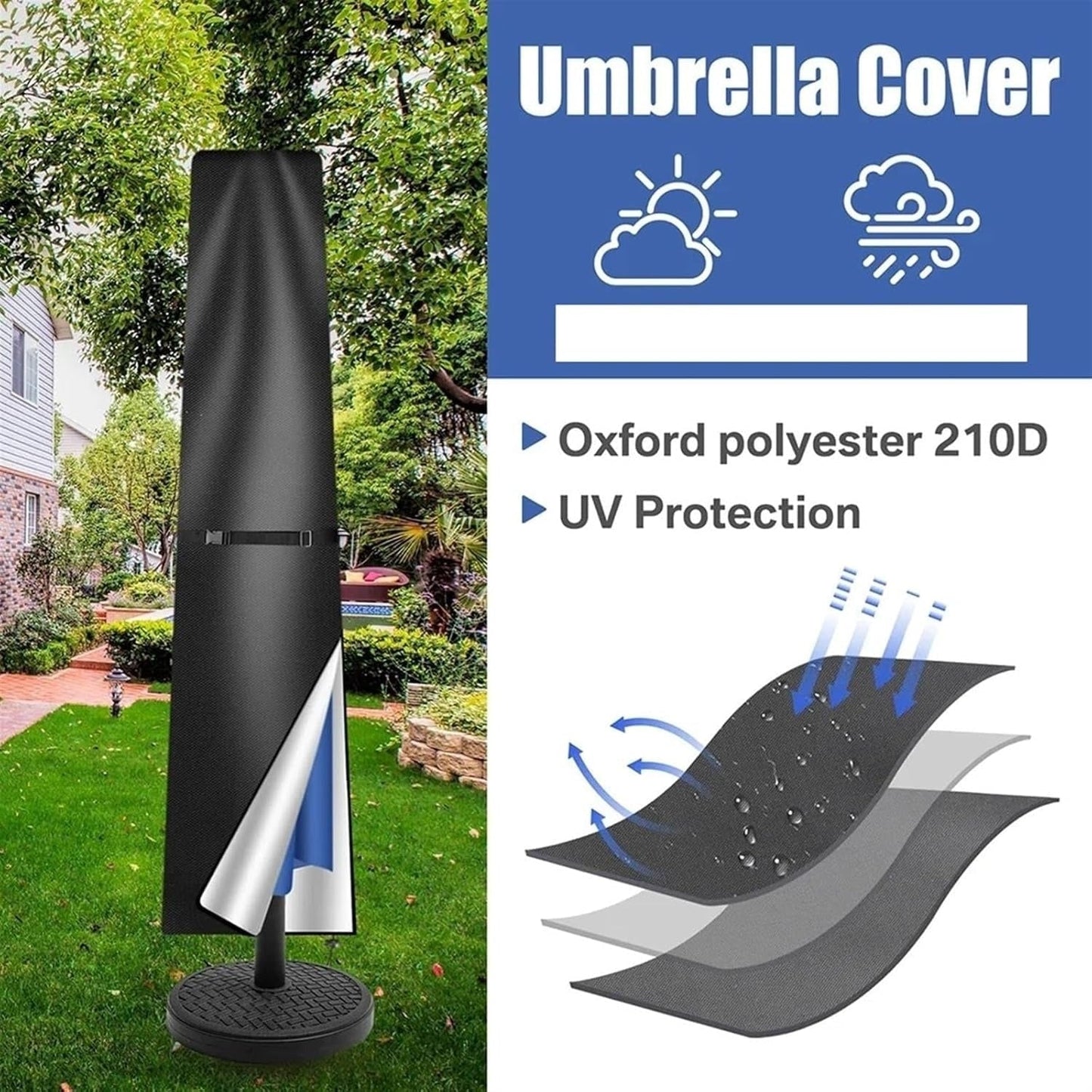 Waterproof Umbrella Cover - Weather Resistant Parasol Protector for Garden, Patio, Outdoor Furniture, Rain, Wind, UV