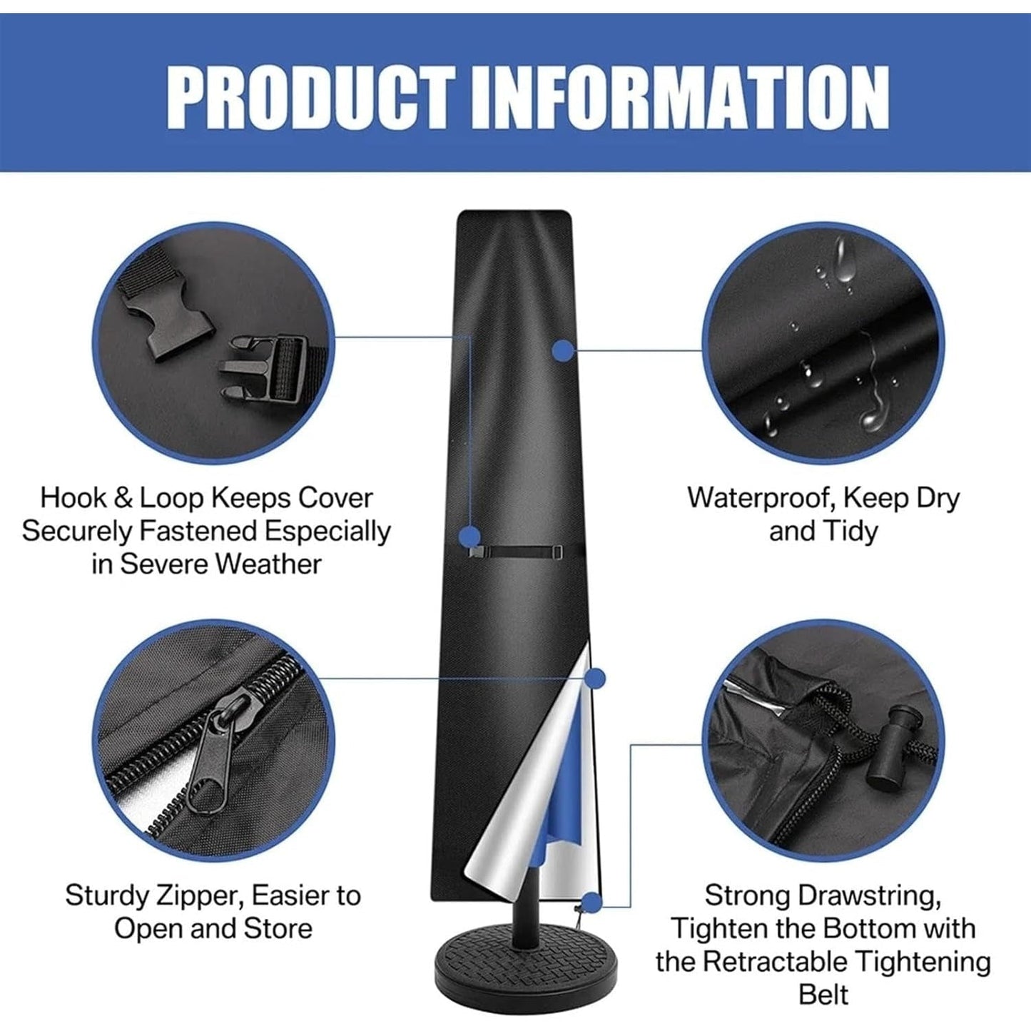 Waterproof Umbrella Cover - Weather Resistant Parasol Protector for Garden, Patio, Outdoor Furniture, Rain, Wind, UV