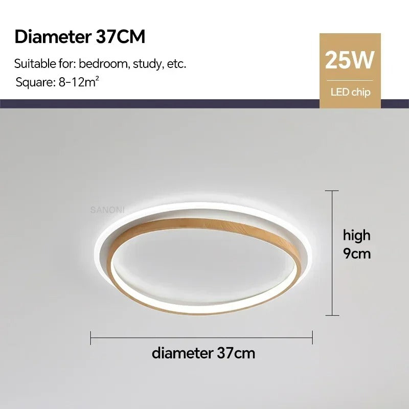 Walnut and Gold LED Ceiling Lamp - Modern Round Flush Mount Light for Bedroom, Study, Dining Room, Minimalist Warm Design