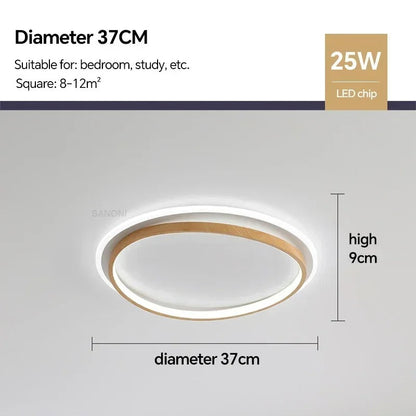 Walnut and Gold LED Ceiling Lamp - Modern Round Flush Mount Light for Bedroom, Study, Dining Room, Minimalist Warm Design