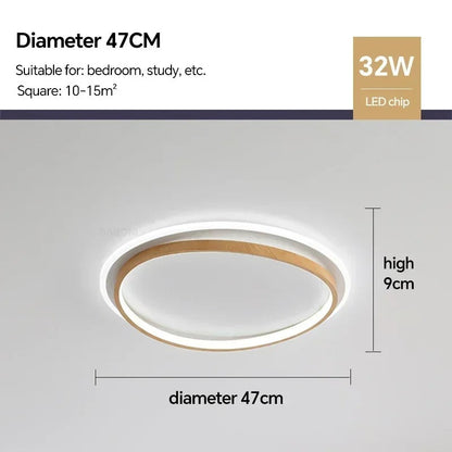 Walnut and Gold LED Ceiling Lamp - Modern Round Flush Mount Light for Bedroom, Study, Dining Room, Minimalist Warm Design