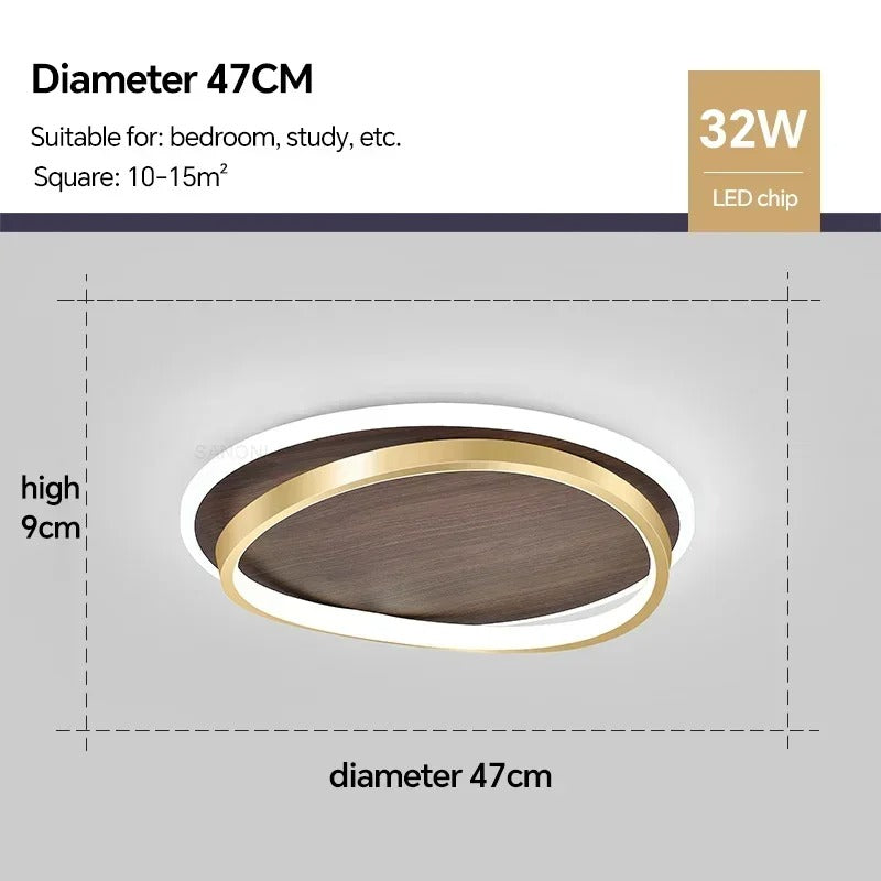 Walnut and Gold LED Ceiling Lamp - Modern Round Flush Mount Light for Bedroom, Study, Dining Room, Minimalist Warm Design