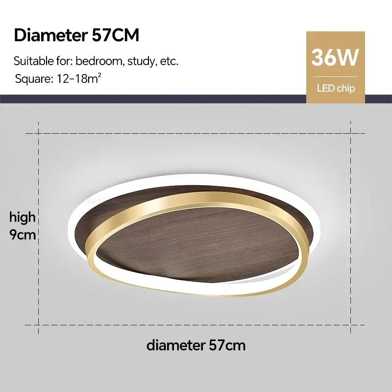 Walnut and Gold LED Ceiling Lamp - Modern Round Flush Mount Light for Bedroom, Study, Dining Room, Minimalist Warm Design